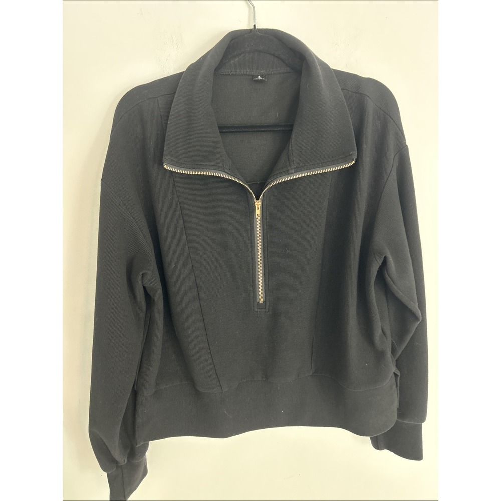 Anrabess Women's Large Gold Half Zipper Long Sleeve Black Pull Over Cropped Fit
